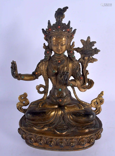 A CHINESE TIBETAN BRONZE JEWELLED BUDDHISTIC DEITY 20th