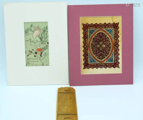 Two Middle Eastern paintings and a Safavid wooden panel