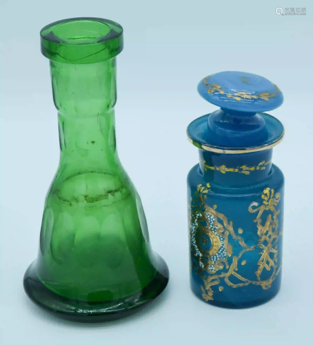 A Middle Eastern glass vase together with a blue vase