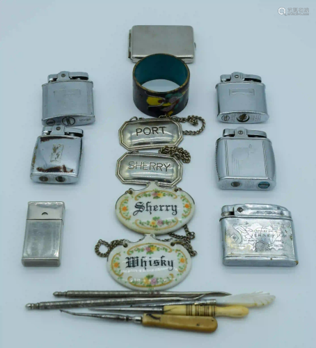Collection of Lighters, button hole threaders and