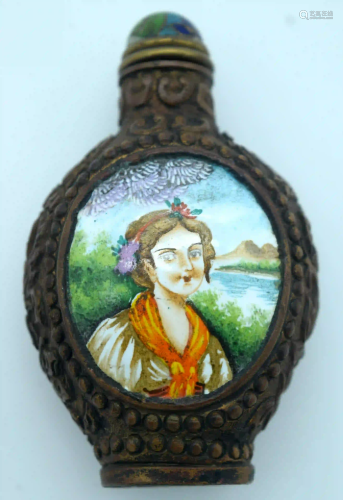 A metal snuff bottle with an enamelled painted picture