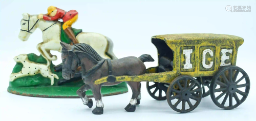 A vintage cast iron door stop depicting a hunting scene