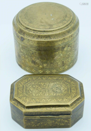 Two Indian 19th century engraved brass boxes largest