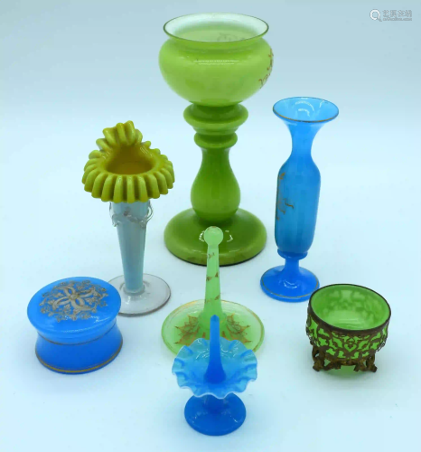 Group of coloured glass vases and pots largest 23cm.