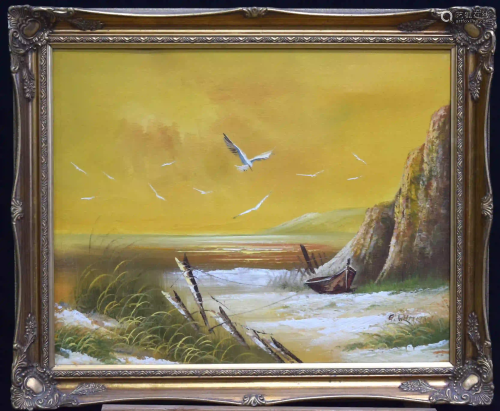 G Whitman framed Oil on Canvas coastal scene 39 x 49cm