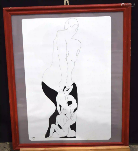 A framed abstract Ink drawing of a figures 46 x 31cmg