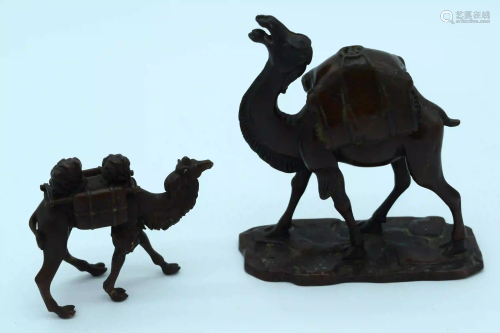 Two small bronze camels largest 14 x 14cm .(2)