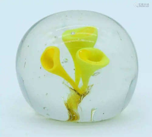 A Vintage Paperweight with a yellow trumpet swirl 6cm .