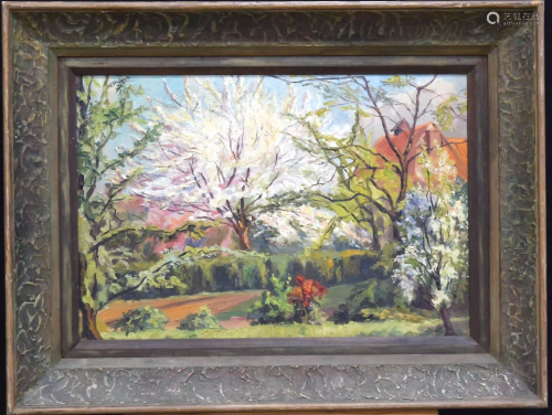Framed Oil on canvas Country scene trees in bloom 35 x
