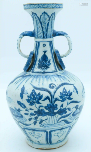 A Chinese Yuan style blue and white twin handled vase