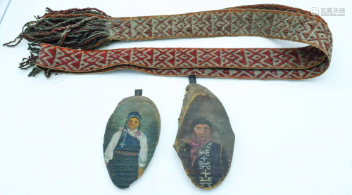 Two Wooden Peruvian panels and a hanging textile with