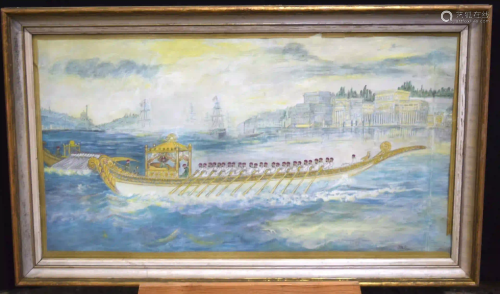 Framed watercolour of the Sultans Royal barge 41 x 78
