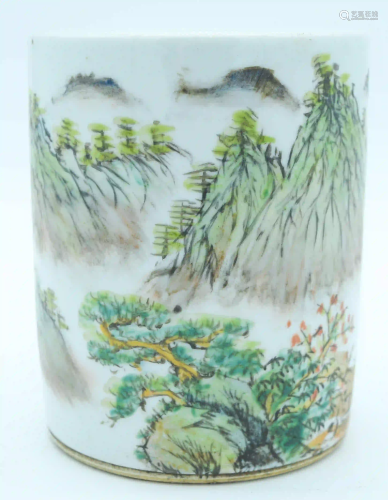A Chinese Famille Verte brush pot 15.5 x 13 cm.