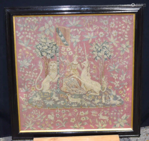 Framed tapestry of a Queen showing a standard and