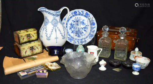 Miscellaneous group of porcelain, decanters, wooden