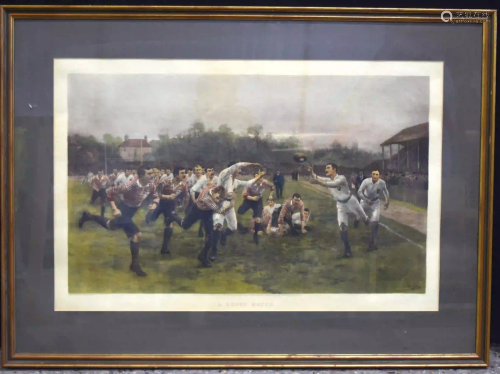 A large print by W Wollen A rugby match 74 x 45cm.