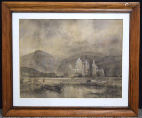 A large framed Charcoal and watercolour highland scene