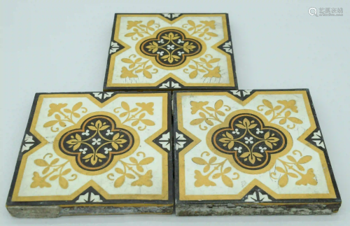 Three Victorian Neogothic Majolica tile 15 x 15cm (3).