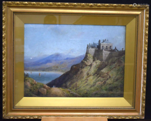 Edgar E West (1857-1892) Watercolour Cliff top Castle
