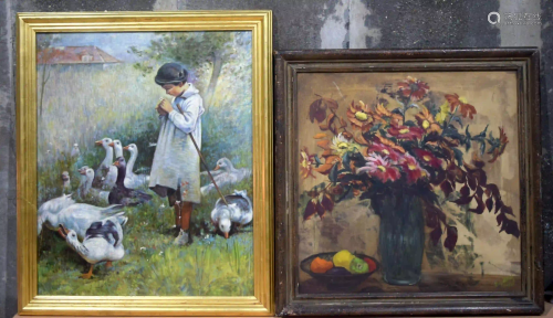 Framed oil an canvas of flowers together with an