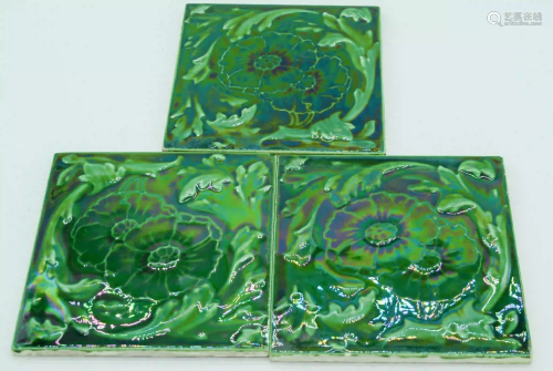 Three Green Glaze Tiles in a floral pattern 15 x 15cm