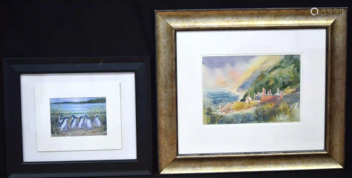 A framed watercolour of a coastal scene together with
