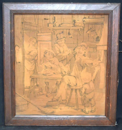 A framed tapestry of a interior scene 35 x 31 cm.