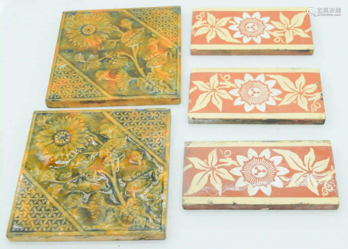 Three Victorian Steele and Wood tiles and two Majolica