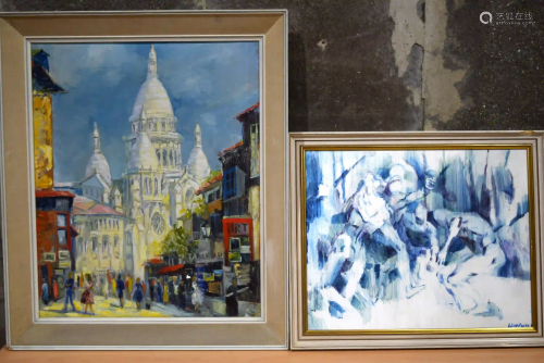 Framed Oil on canvas of Paris and another print by