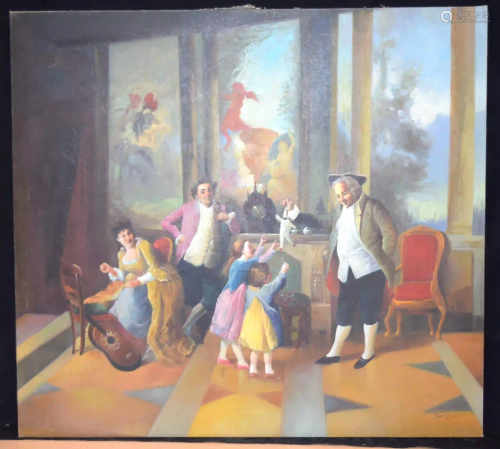 Large oil on canvas of parlour games 79 x 86 cm.