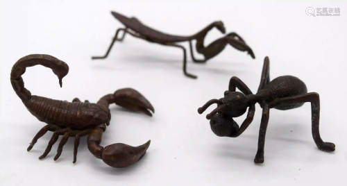 A Japanese small bronze scorpion , spider and a praying
