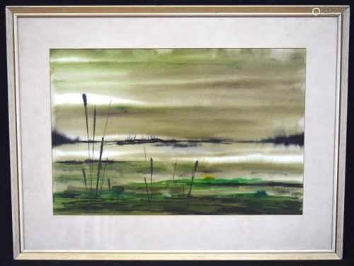 A framed watercolour of a Marshland by D Williams 38 x