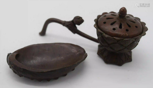 A Japanese small bronze Incense burner and a shell dish