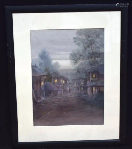 A Framed watercolour of a village scene 31x23 cm.