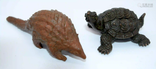 A Japanese small bronze Tortoise and an Armadillo 10cm