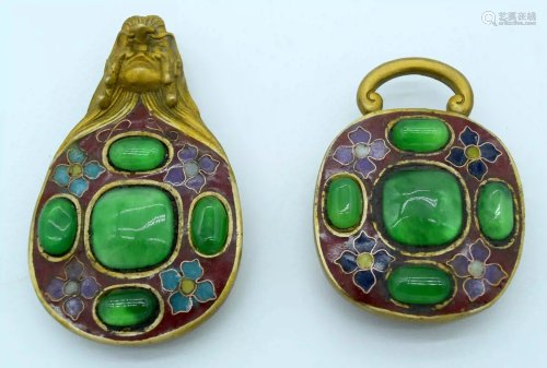 A Chinese bronze belt buckle with enamelling and glass
