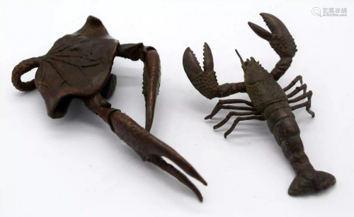 A Japanese small bronze Lobster and a crab 11cm (2).