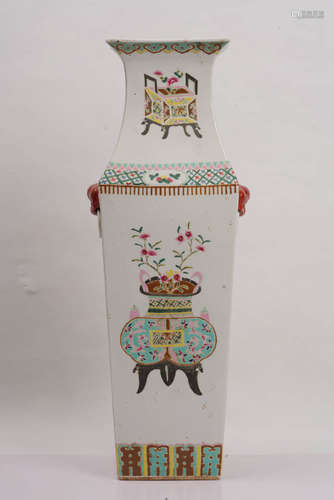 A Flower Porcelain Double-eared Squared Vase