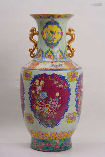 An Enamel Flower Porcelain Vase with Dragon-shaped Ears