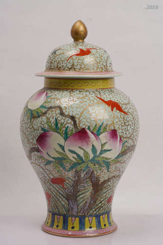 A Famille Rose Peach and Bat Porcelain Jar and Cover