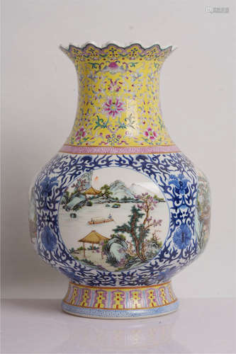 An Enamel Blue and White Landscape Porcelain Vase