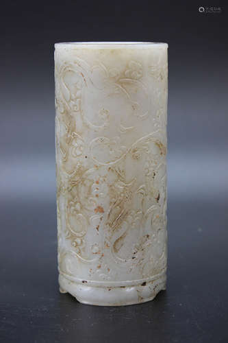 A Dragon Carved Jade Brush Pot