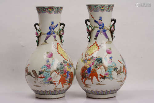 A Pair of Famille Rose Figure Porcelain Double-eared Vases