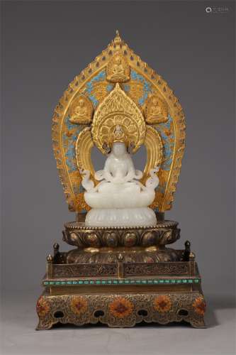 A Chinese Gilt Bronze and Jade Figure of Buddha
