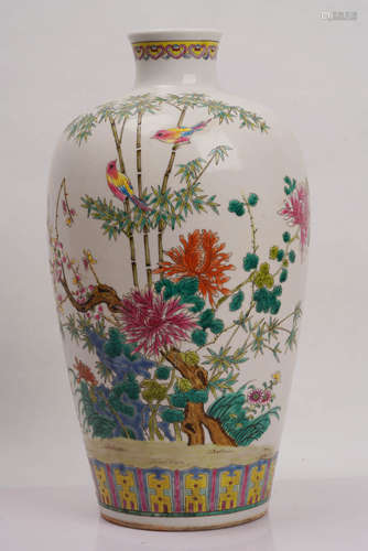 A Famille Rose Bird and Flower Porcelain Meiping