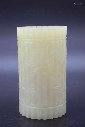 A Bamboo Carved Jade Brush Pot