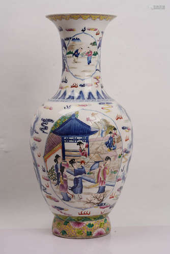 A Blue and White Famille Rose Dragon and Figure Porcelain Vase