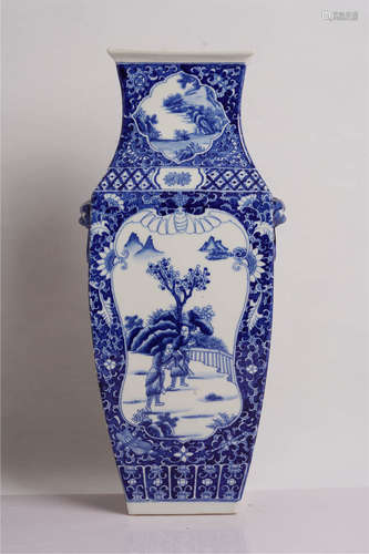 A Squared Blue and White Landscape Porcelain Double-eared Vase