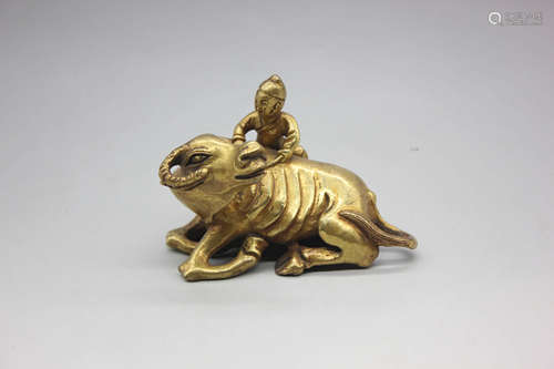 A Gilding Copper Cattle and Figure Ornament