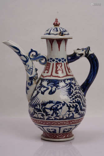 A Blue and White Underglaze Red Phoenix Porcelain Pot